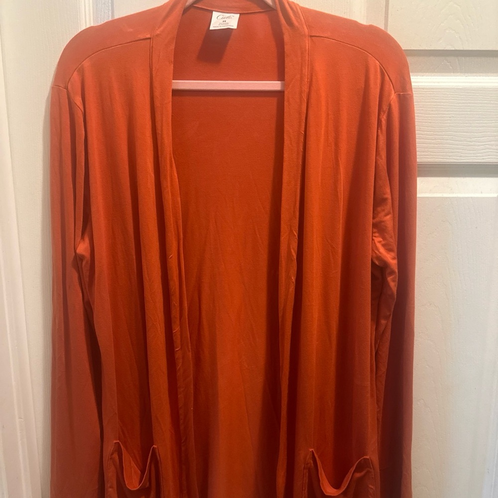 Cielo Women's Long Sleeve Open Front Cardigan Size M Orange Knit Stretch Pockets